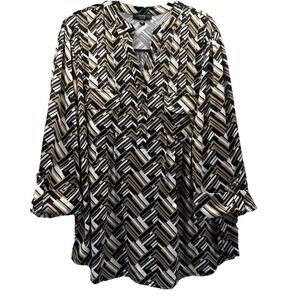 Cocomo Women's Top Size 2X Popover Black Brown Roll Tab Sleeves Slinky Pullover